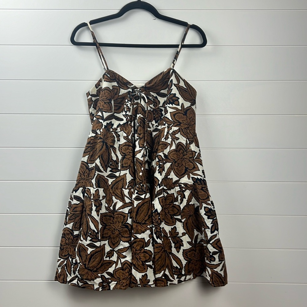 Lena brown floral and cream mini dress size small linen blend pockets tie bust
